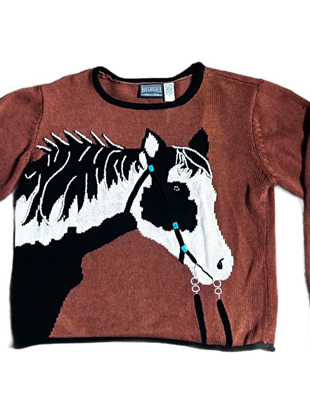 Roughrider by Circle T ~ Large ~ Horse ~ Brown W/ Turquoise Stone ~ Sweater Top
